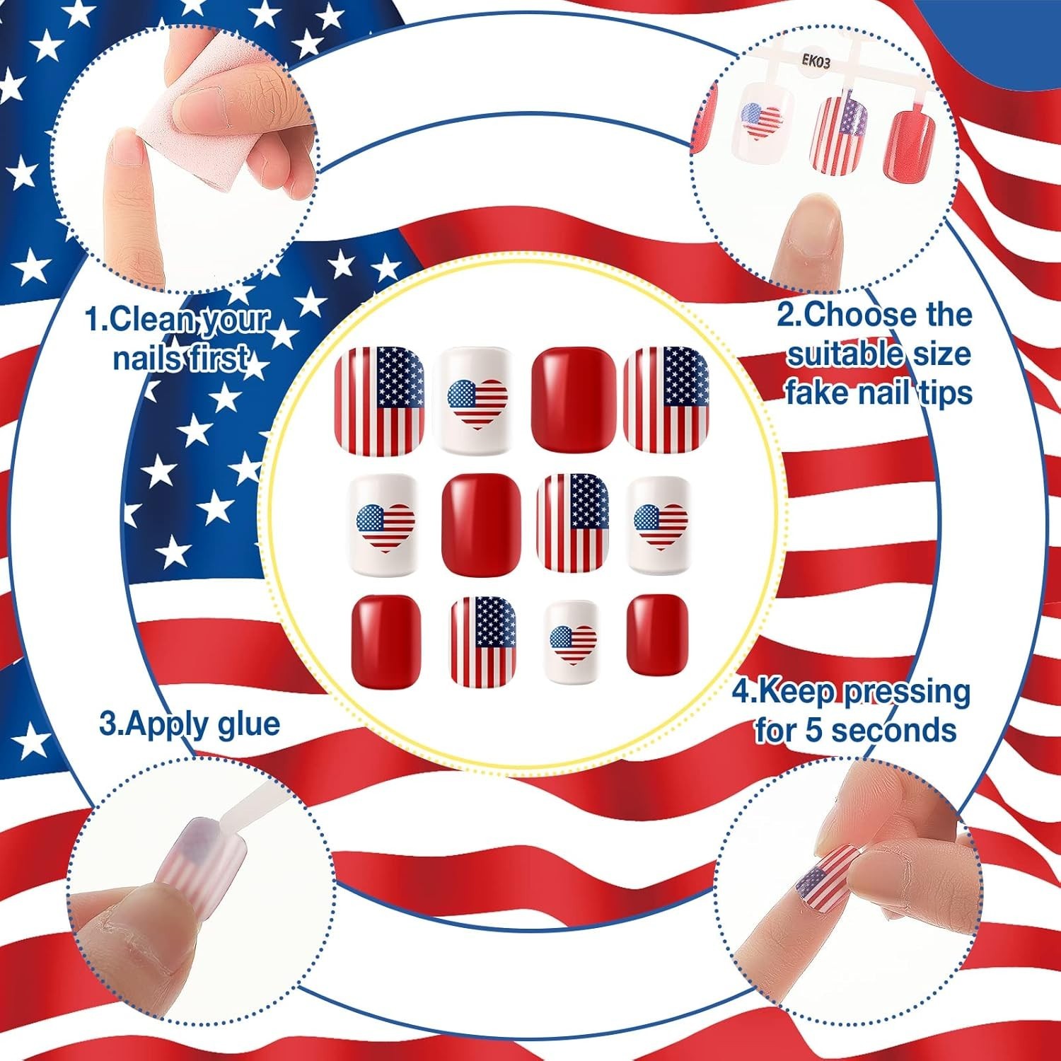 16 Pack 4th of July Press on Nails – Patriotic Retro Flag Pattern 384 Pieces