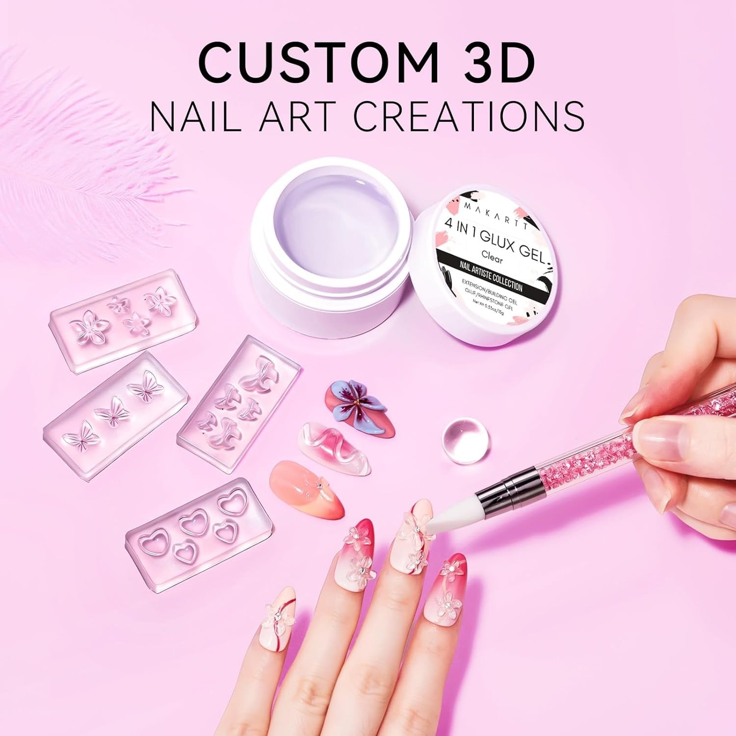 3D Nail Gel Art Set – 4 Silicone Molds & 15ML Builder Gel for Stunning Designs