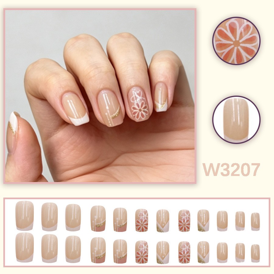 48Pcs-Medium Square Nude White French Flower Gold Tiny Rhinestone Press on Nails