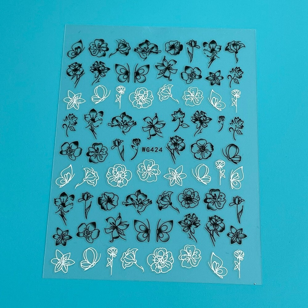 Black White Flower Nail Sticker Leaf Butterfly Daisy Rose Lutos Peony Flowers