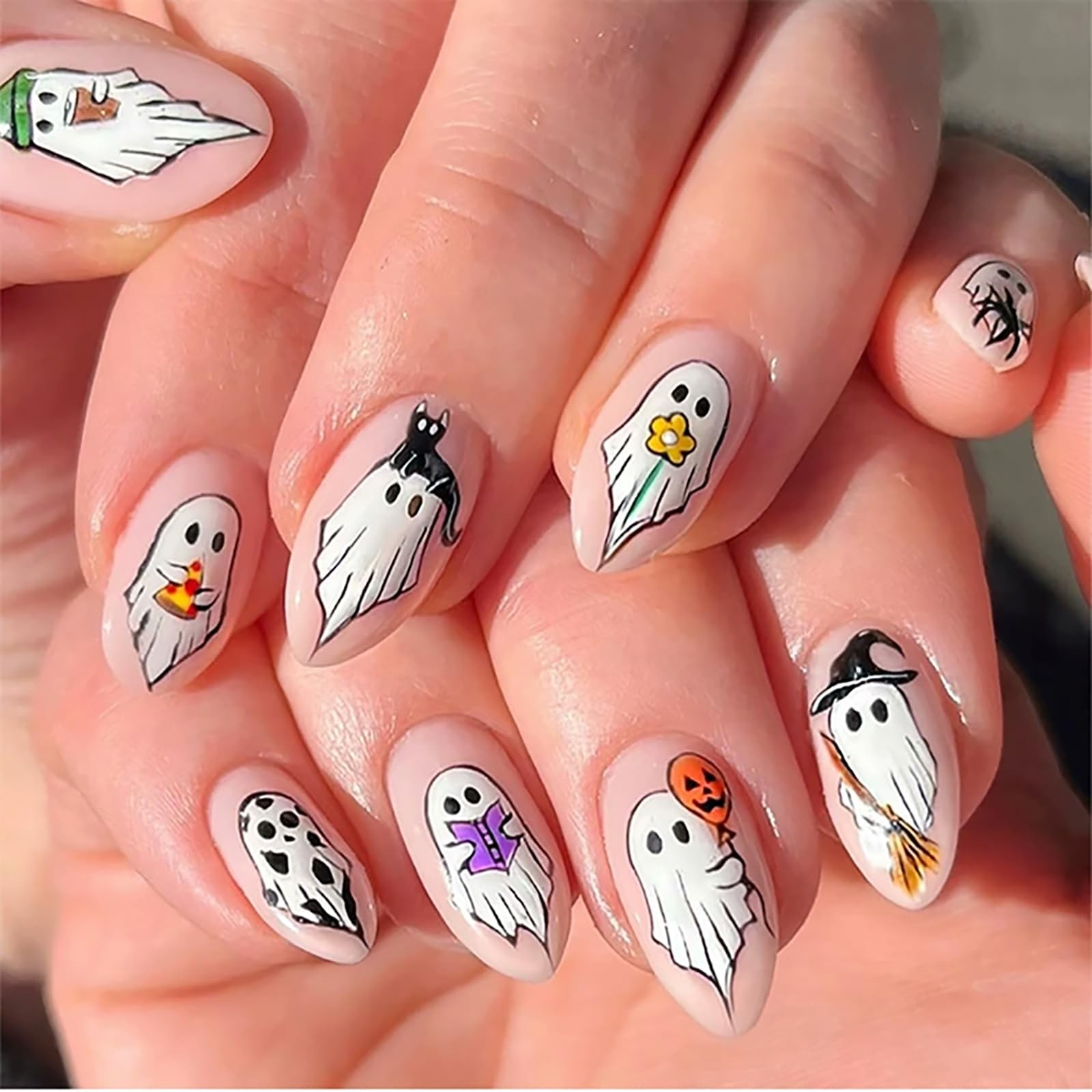 Halloween Press on Nails Almond Fake Nails Medium False Nails with Ghost Desi…