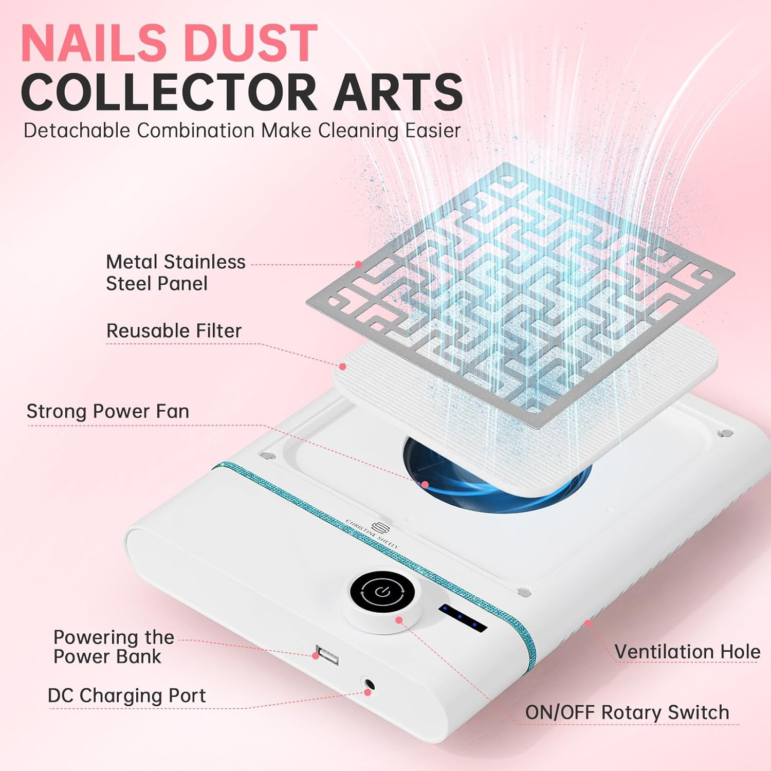 Nail Dust Collector, Bling Diamond Cordless Rechargeable 5000RPM Vacuum Nail Tec