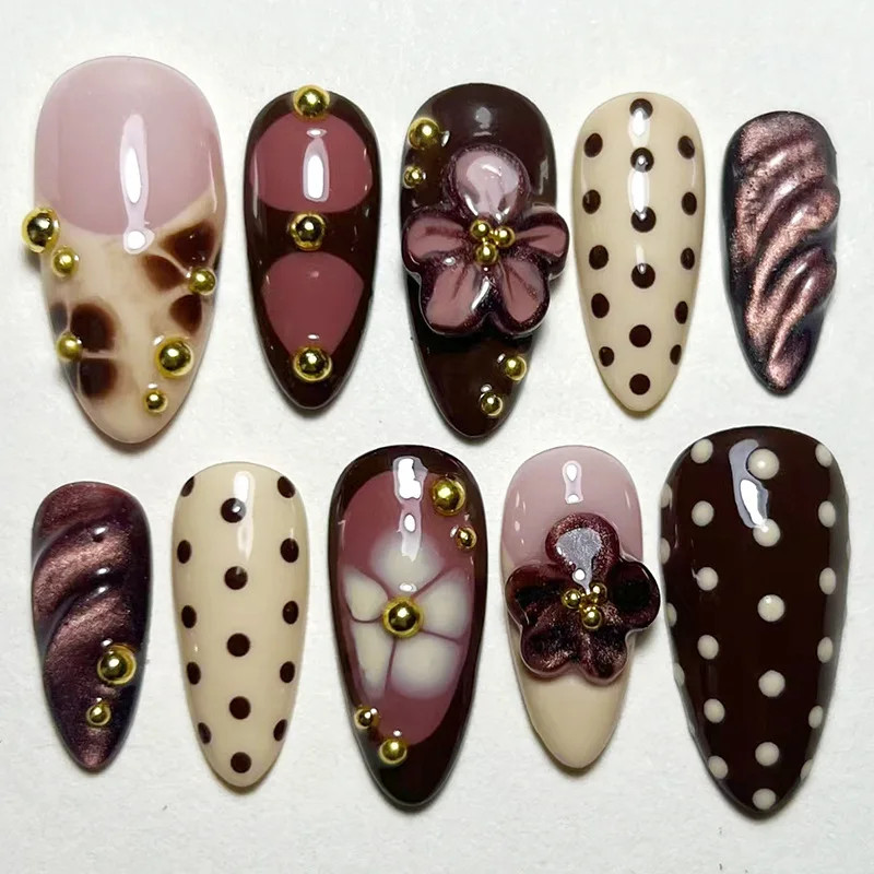 24Pcs Wearable False Nails 3D Flower Strawberry Green Gradient Pearl Mid-length