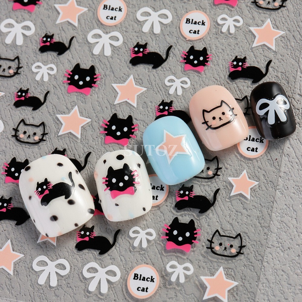 3D Cartoon ANIMAL Black Cat KITTEN Bow-knot Star NAIL ART STICKERS Su35 NH28