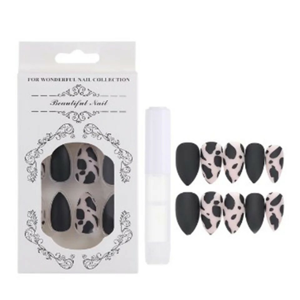 Cow Print Nails Matte Black Stiletto Long Frosted Glass effect press on nails