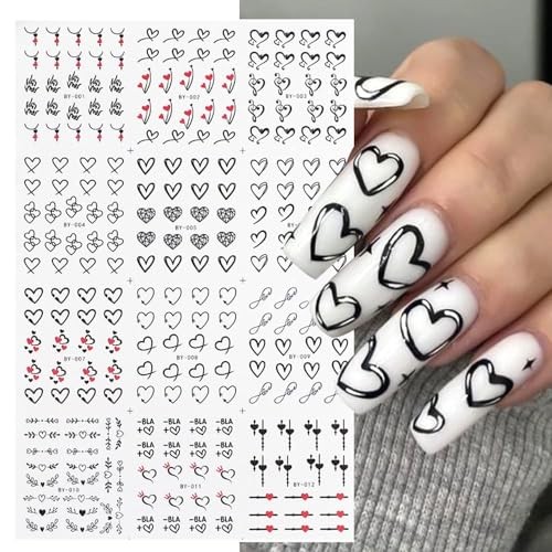 Valentine’s Day Nail Art Stickers Heart Water Transfer Nail Decals Black White