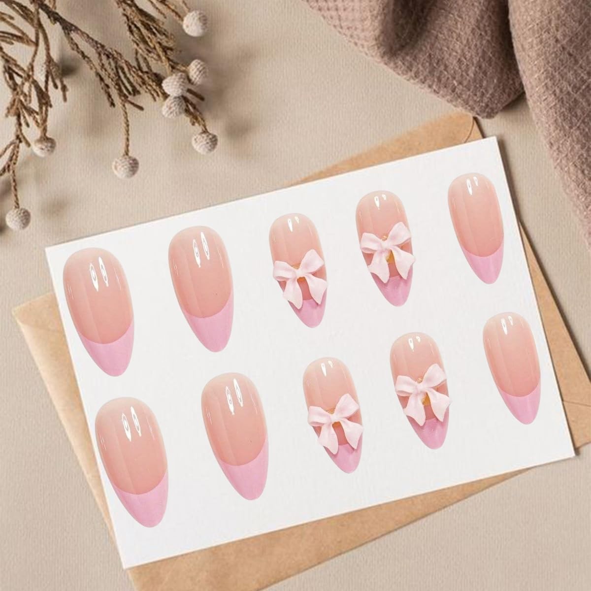 24pcs French Tip Press on Nails Short Almond 0.13 Fl Oz (Pack of 24), Pink
