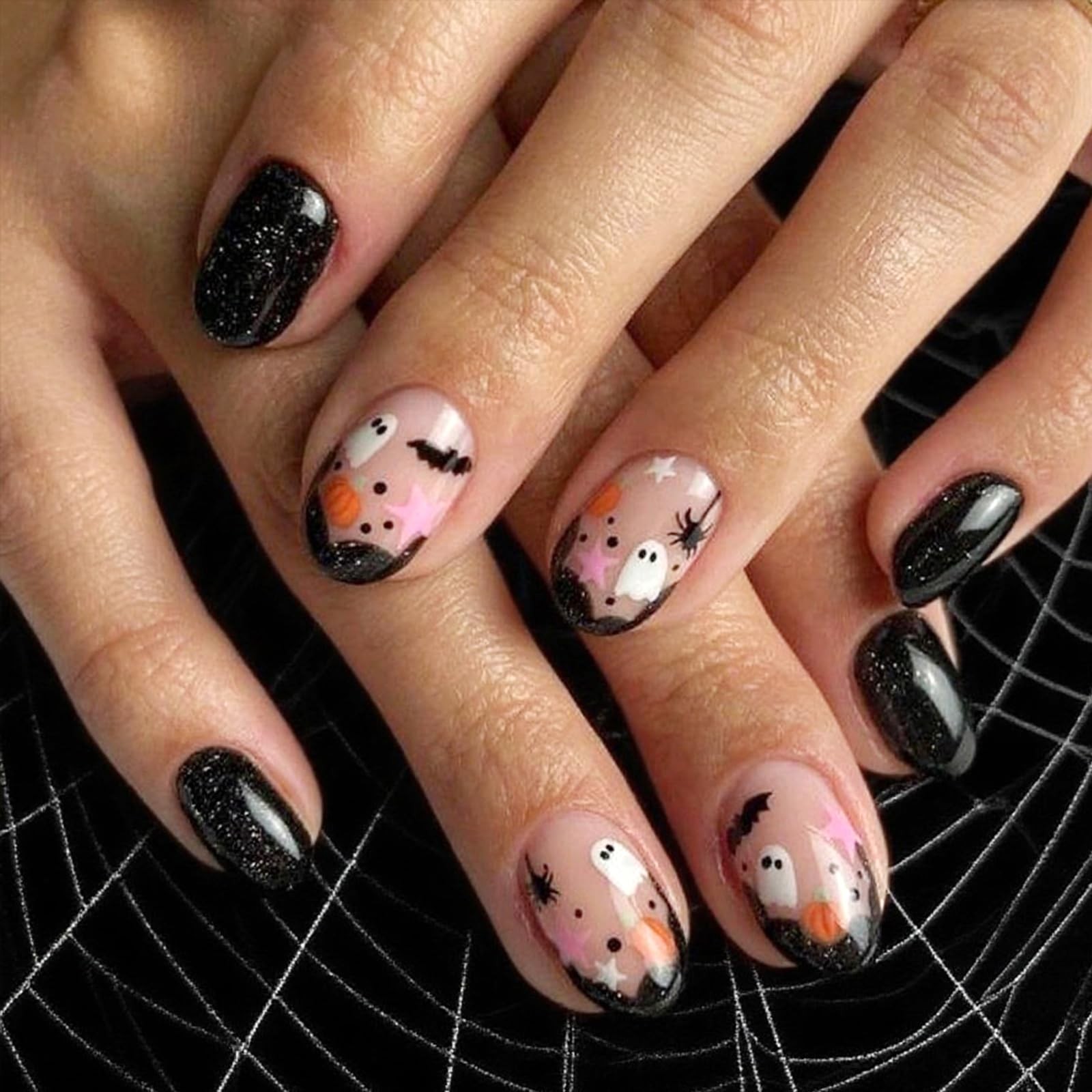 Halloween Press on Nails Short Almond Fake Nails with Designs Cute Ghost Stic…