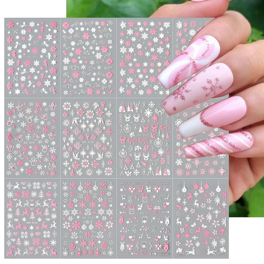 Christmas Nail Art Stickers, 8Sheets 5D Embossed Snowflake Nail Decals Pink Whit