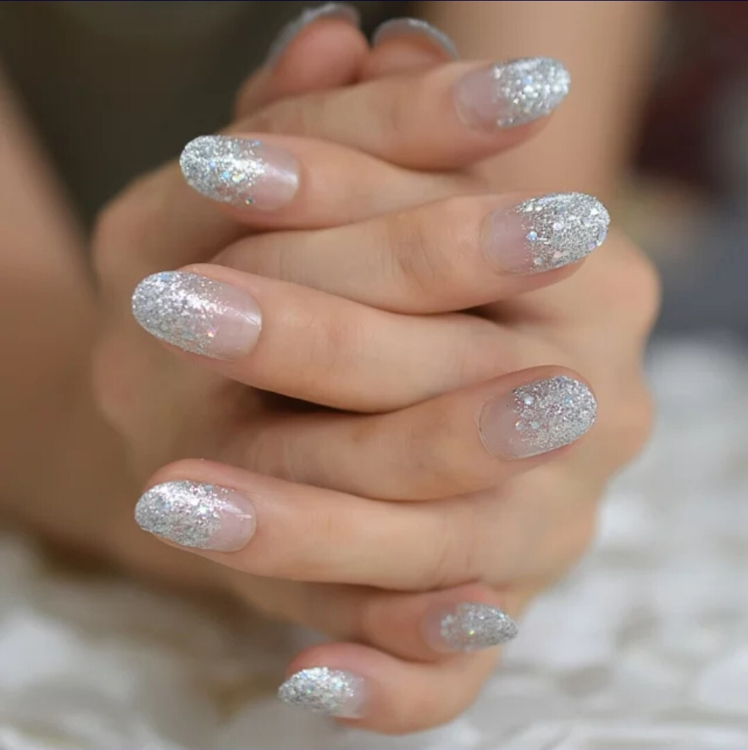 24 Short Press on nails kit w glue Cinderella Ombre silver glitter clear holo