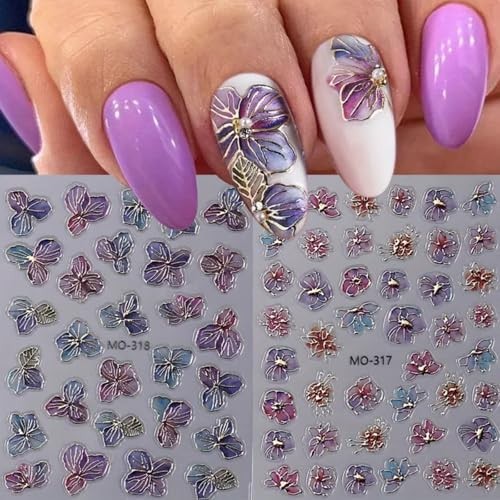 2Pcs Flower Nail Art Stickers 5D Embossed Floral Nail Decals Spring Flower