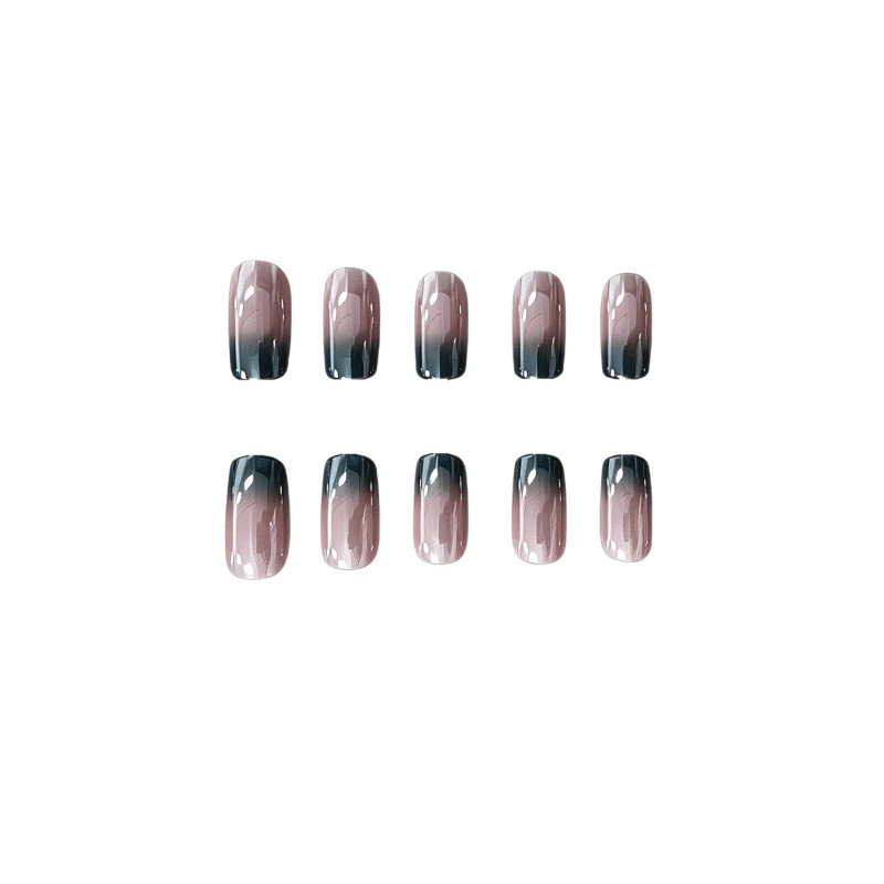 48Pcs Coffin Press on Nails, Nude Gray Gradient Nails with Metallic Edge Design