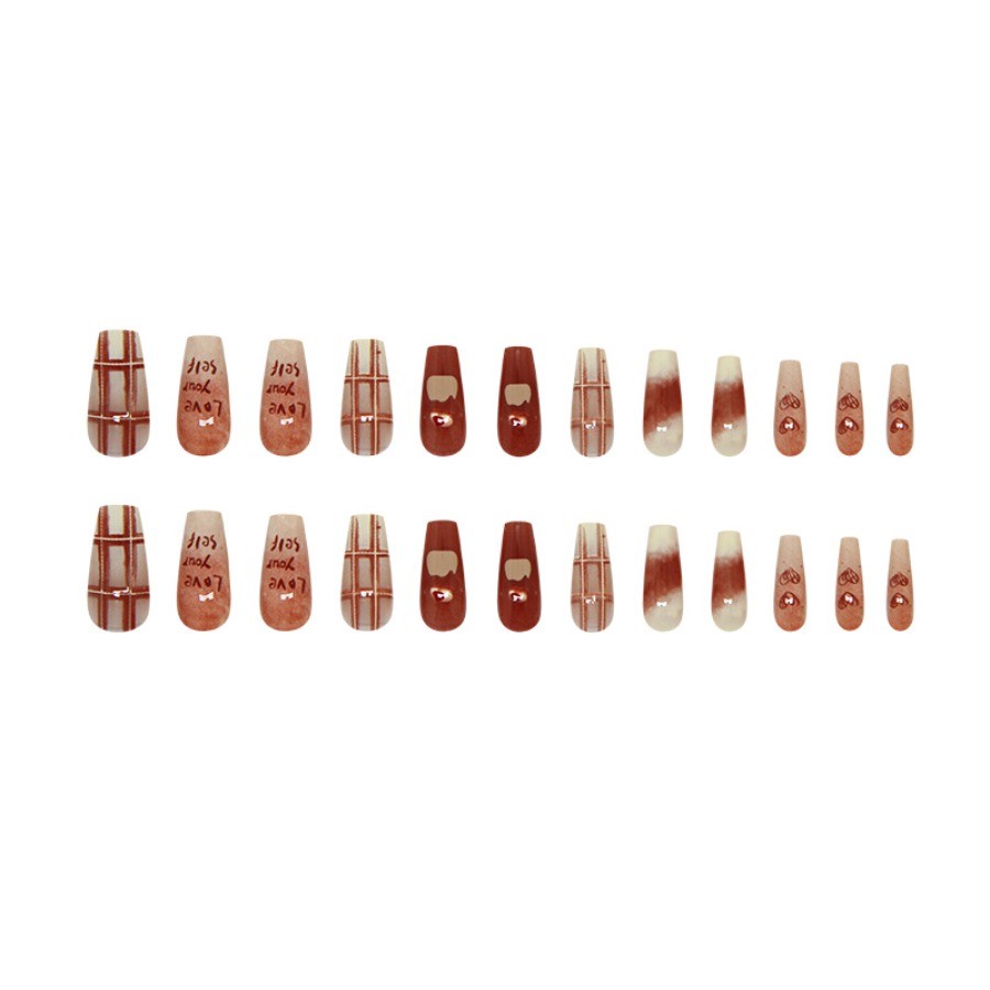 48pcs-Chocolate Brown Press on Nails with Bow Prints and Inspirational Quotes
