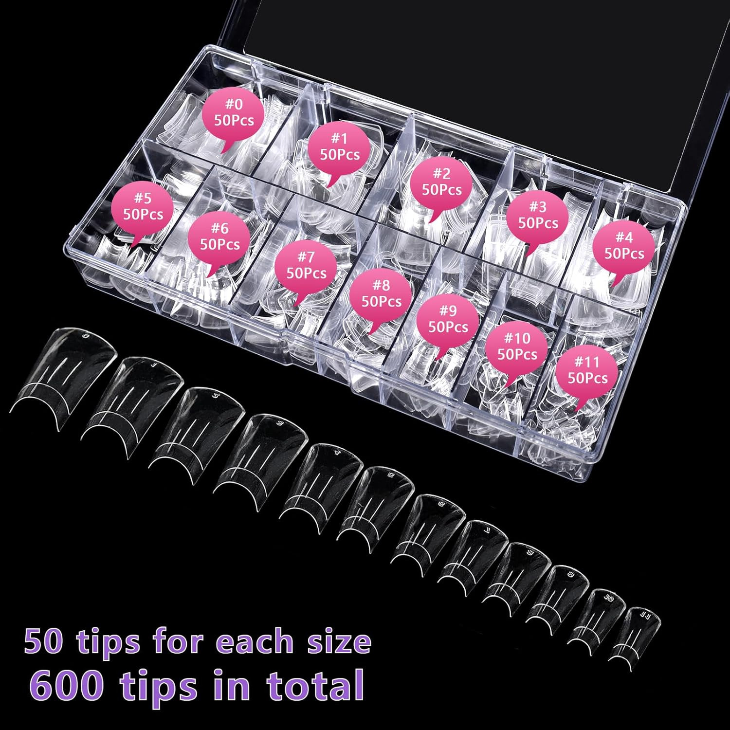 600Pcs Medium Length Duck Nail Tips 12 Sizes Box-Packed Clear Duck Nails Half Co