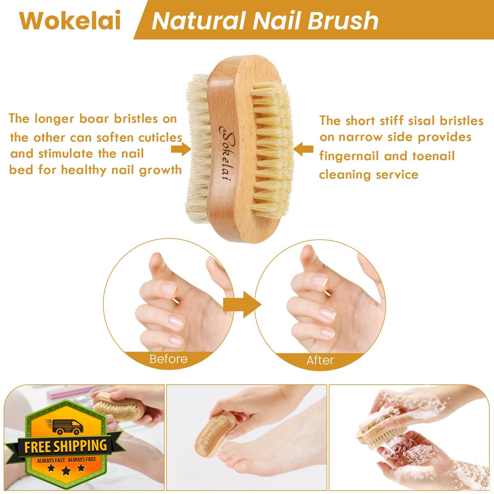 wokelai Nail Brush 2 Pcs Natural Wood Color