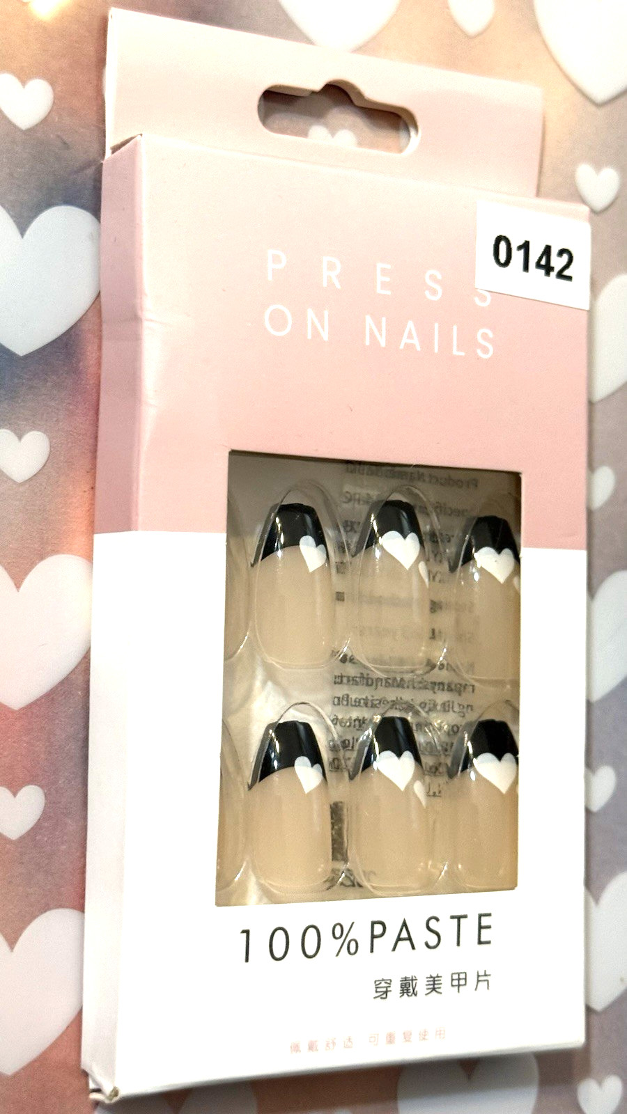 Press On Nails NUDE with BLACK FRENCH TIP & HEART DETAILS Medium Ballerina Fake