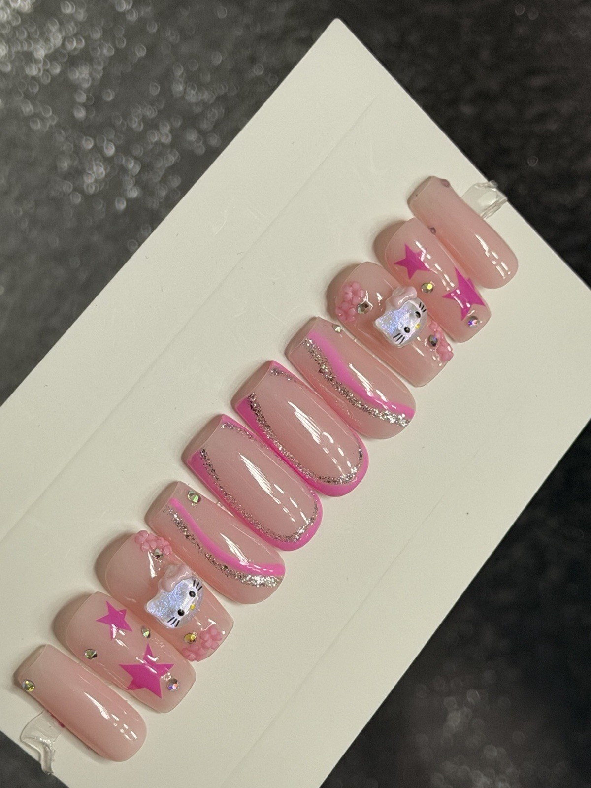 ✨ CUSTOM Press On Nails Nude PINK HELLO KITTY BLING 10p SET W Kit