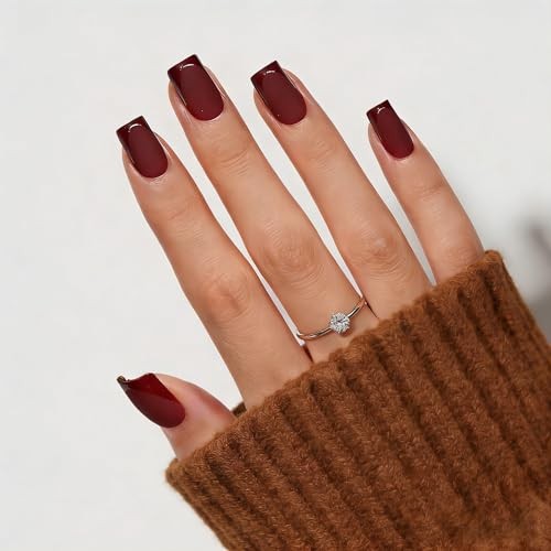 Dark Red Press On Nails Square -Short Red Nails with Glossy B-Merlot Red Square