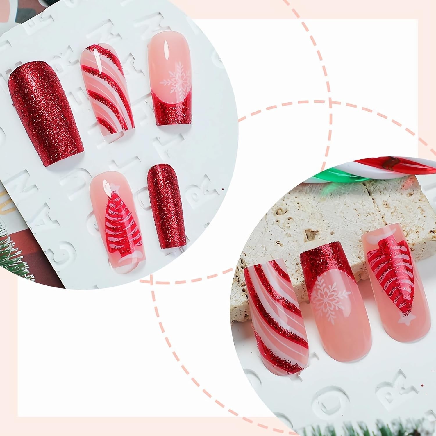 Holiday Acrylic Nails: Custom 24Pcs Red French Glitter & Snowflake Design