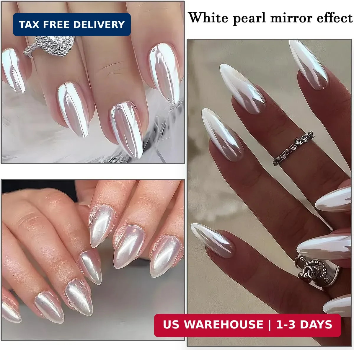 3Pcs Moonlight White Pearl Chrome Nail Powder, Super Glossy Clear Mirror Effect