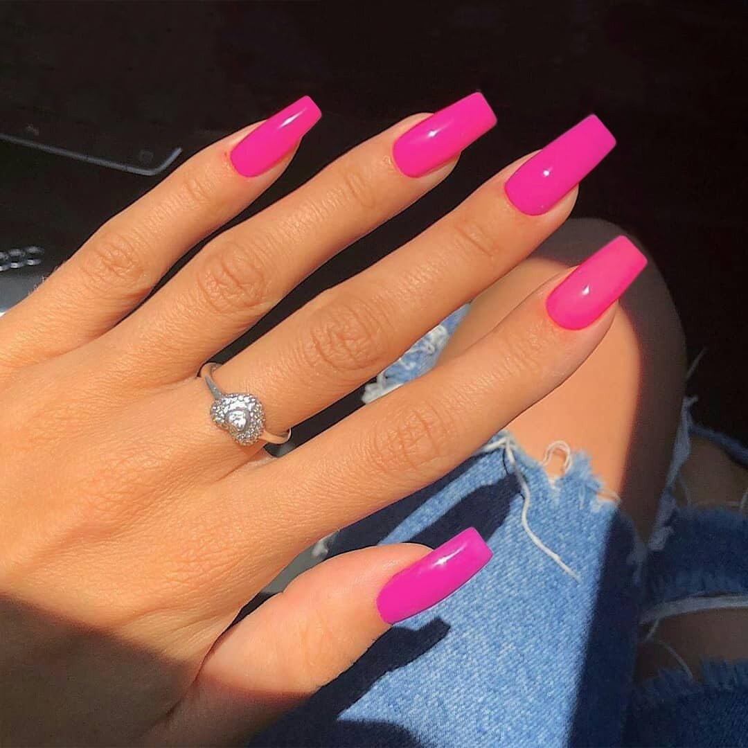 KQueenest Long Medium Press On Nails 0.04 Ounce (Pack of 24), glossy hot pink