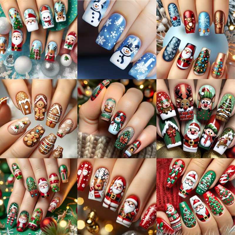 216pcs Christmas Press on Nails Santa Snowman Reindeer Festive False Nails 9Pack