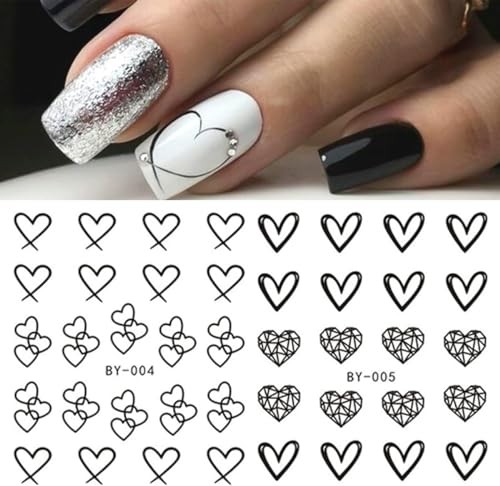 Valentine’s Day Nail Art Stickers Heart Water Transfer Nail Decals Black White