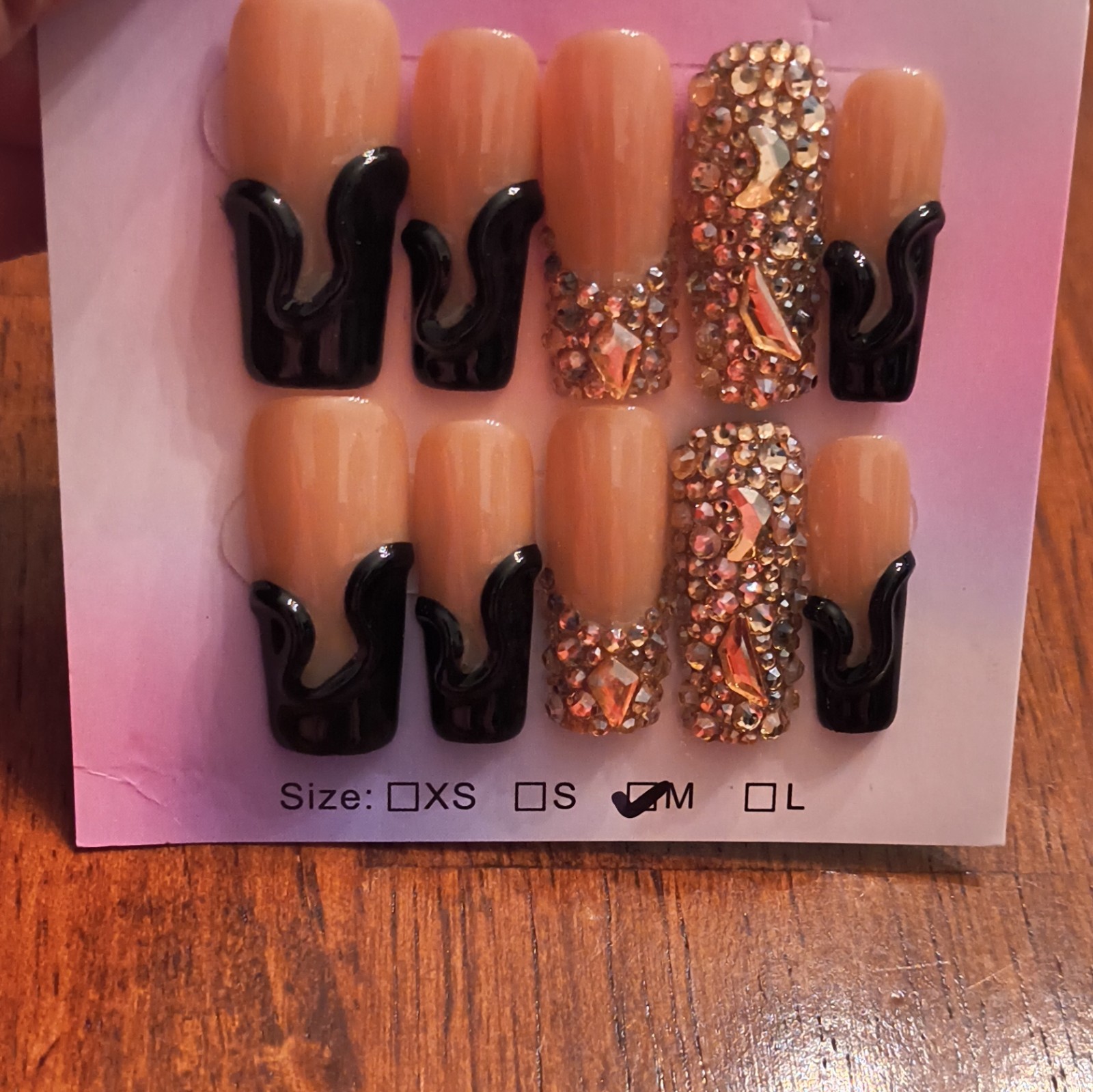 Press-On Nails Medium Square Nude Black Gold 3D Rhinestone Full Cover Set