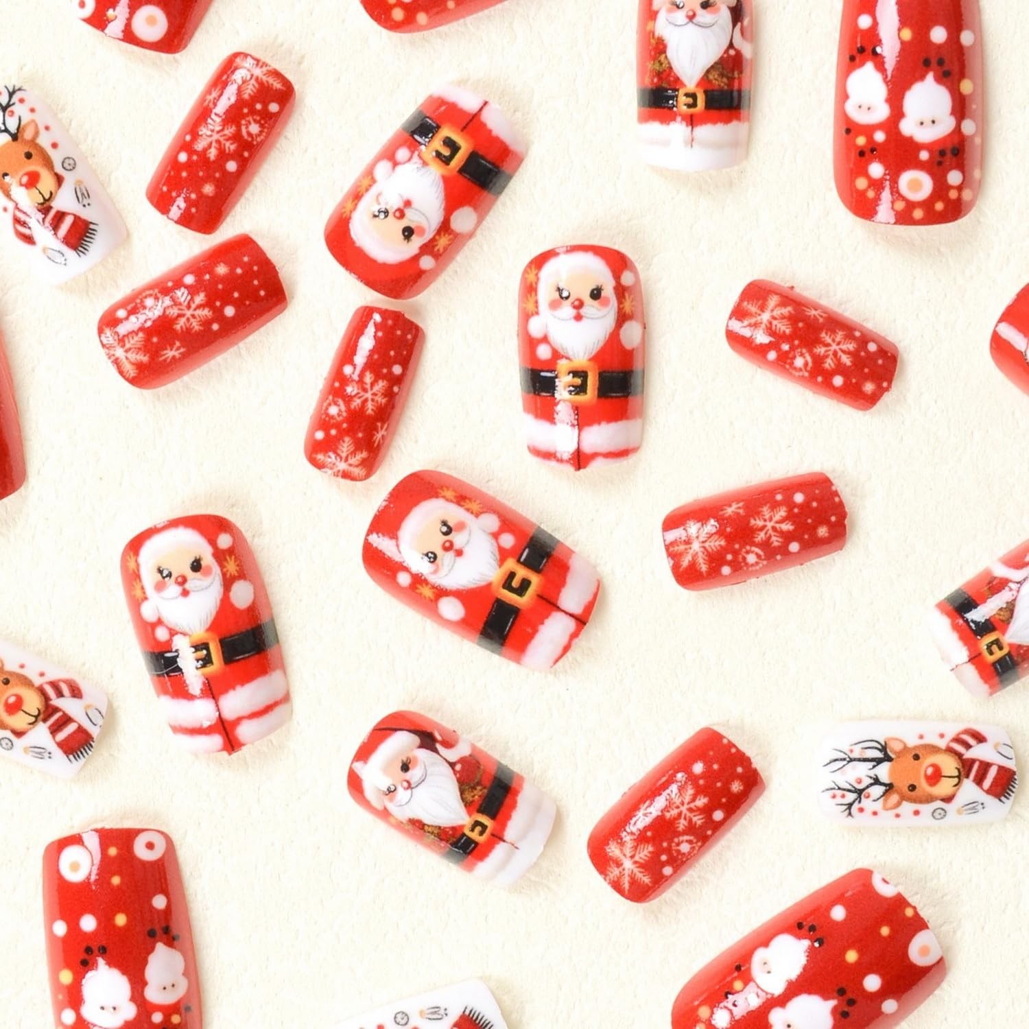 Festive Christmas Red Glossy Press-On Nails with Santa & Snowflake Designs
