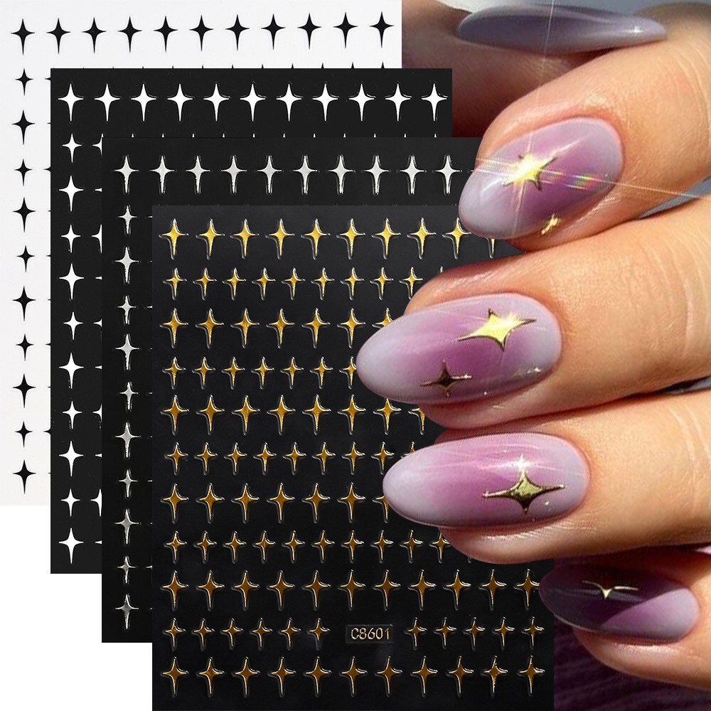 4Pcs Silver/Gold/White/Black Moon Star Heart Self-Adhesive Nail Art Decals NH29