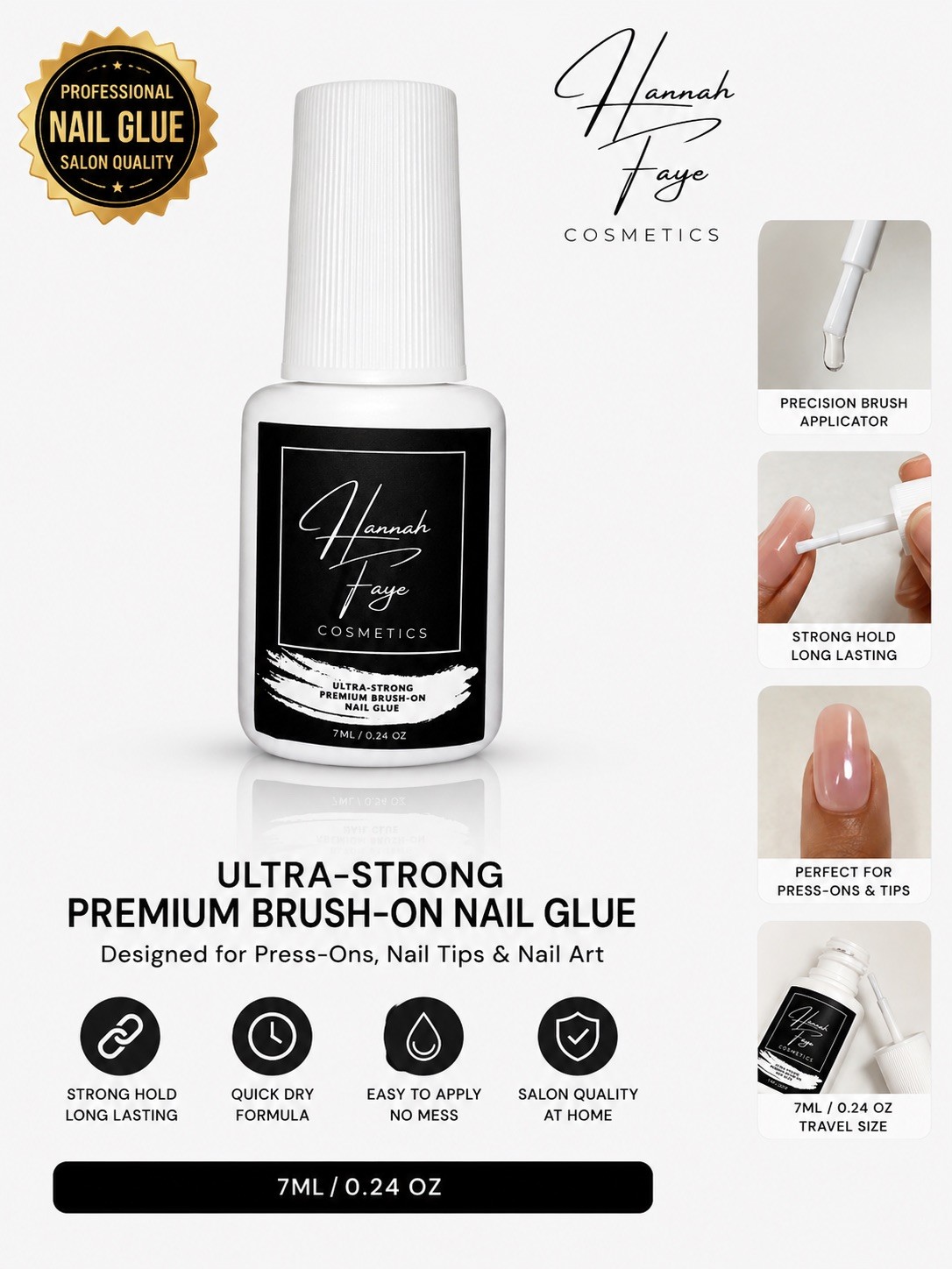 (3 Pack) Hannah Faye Cosmetics Ultra-Strong Brush-On Nail Glue 7 mL for Tips
