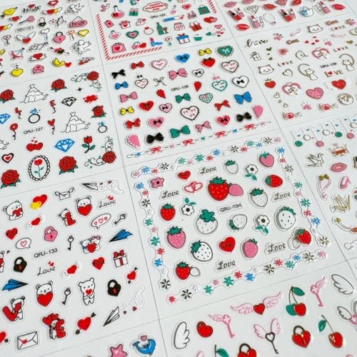 30 Sheets Valentine’s Day Nail Stickers 3D Embossed Red Love Heart Nail Style-3