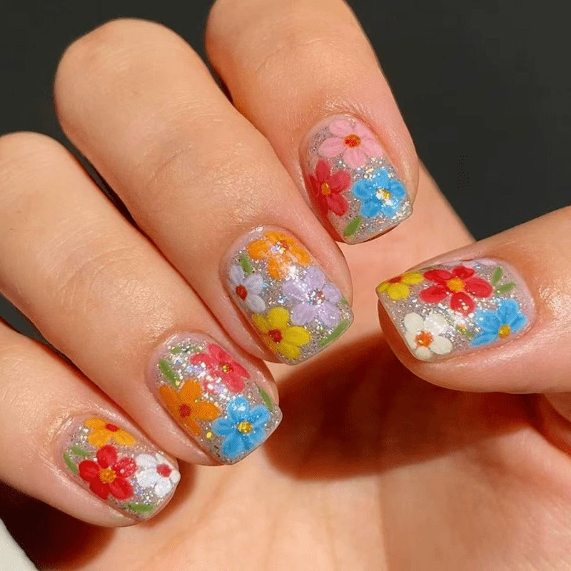 48pcs Short Square Press on Nails, Silver Glitter Multicolor Floral Summer Nails