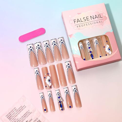 Long Nail Press ons Square Press on Nails White French Fake Long Style-C5C25