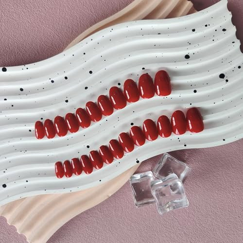 Red Press On Nails Short Oval, Short Fake Nails Acrylic Nails Press glossy red