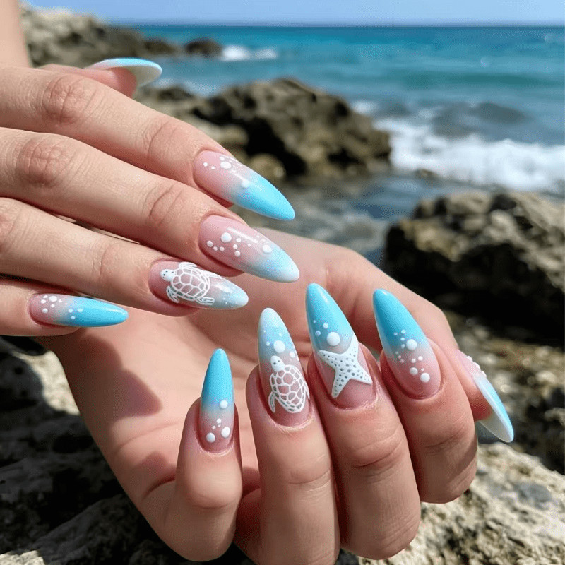 48Pcs Medium Almond Nails, Pink Blue Gradient, Turtle Starfish Pattern