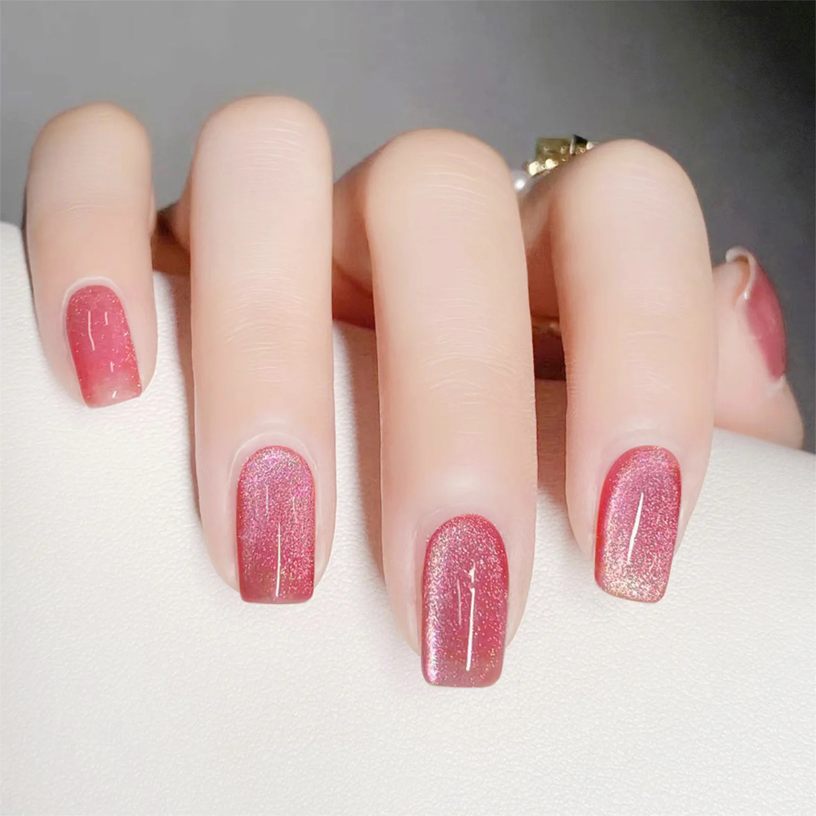 24pcs Purple Cat Eye Almond Long False Nails Glitter Shiny Nail Patch