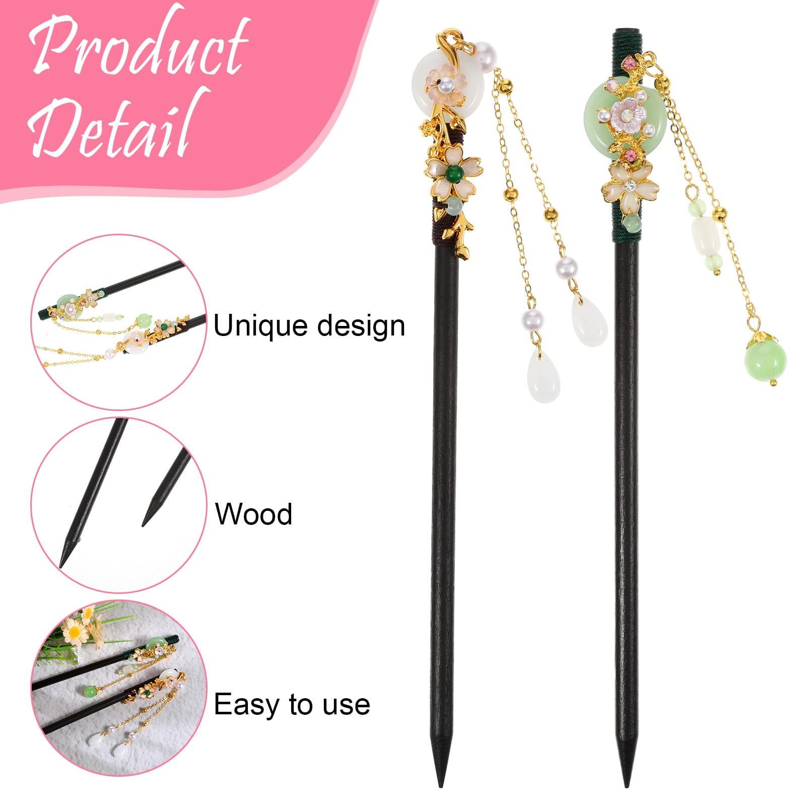 2 Pcs Japanese Chinese Hair Stick, Wood 1 Count (Pack of 2), black,green,gold