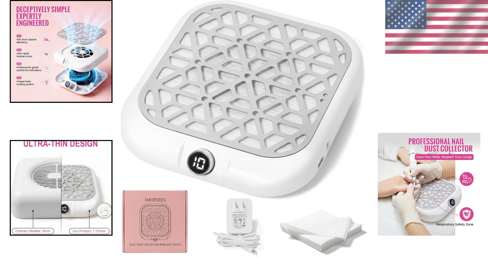 White Acrylic Nail Dust Collector with Digital Control & Whisper-Quiet Operation