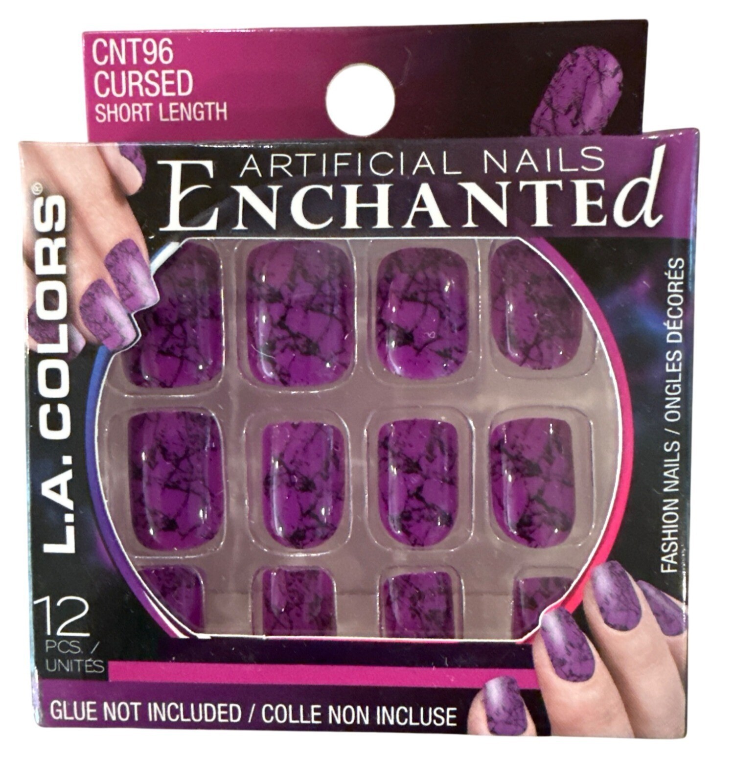 L.A. Colors ENCHANTED 12 Nails CURSED Short Square Glossy Purple+Black Marbled