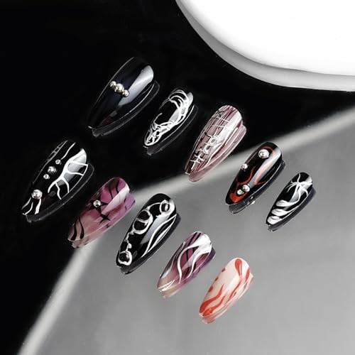 Goth Red Black Press on Nails Almond Medium Acrylic Fake Nails 04-Black Red