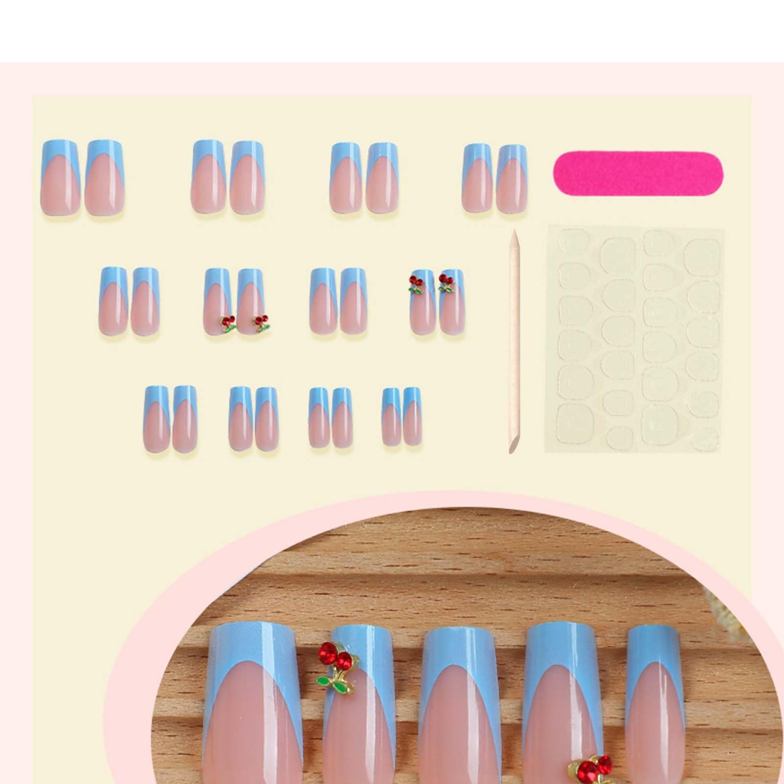 24Pcs Summer Press on Nails Medium Square Fake Nails with 3D Gold Alloy Cherr…