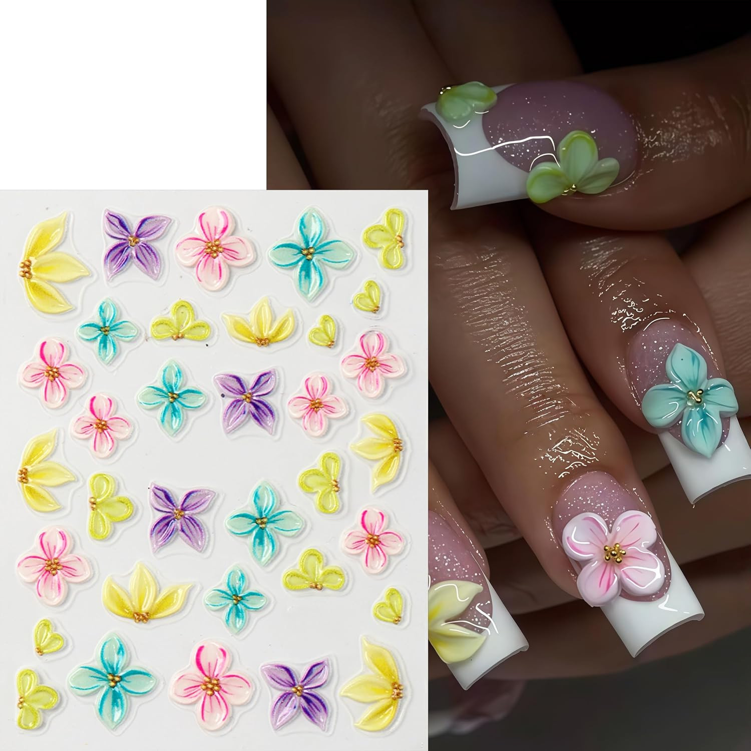 3 Sheets 5D Embossed Lily Flower Stickers for Nails Colorful Hibiscus Nail Stick