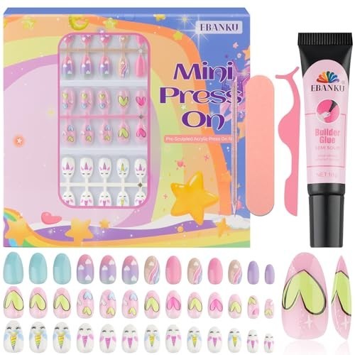 78 Pcs Colorful Heart Press-On Nails for Kids 8-12, Fake Nail Kit with Adhesives