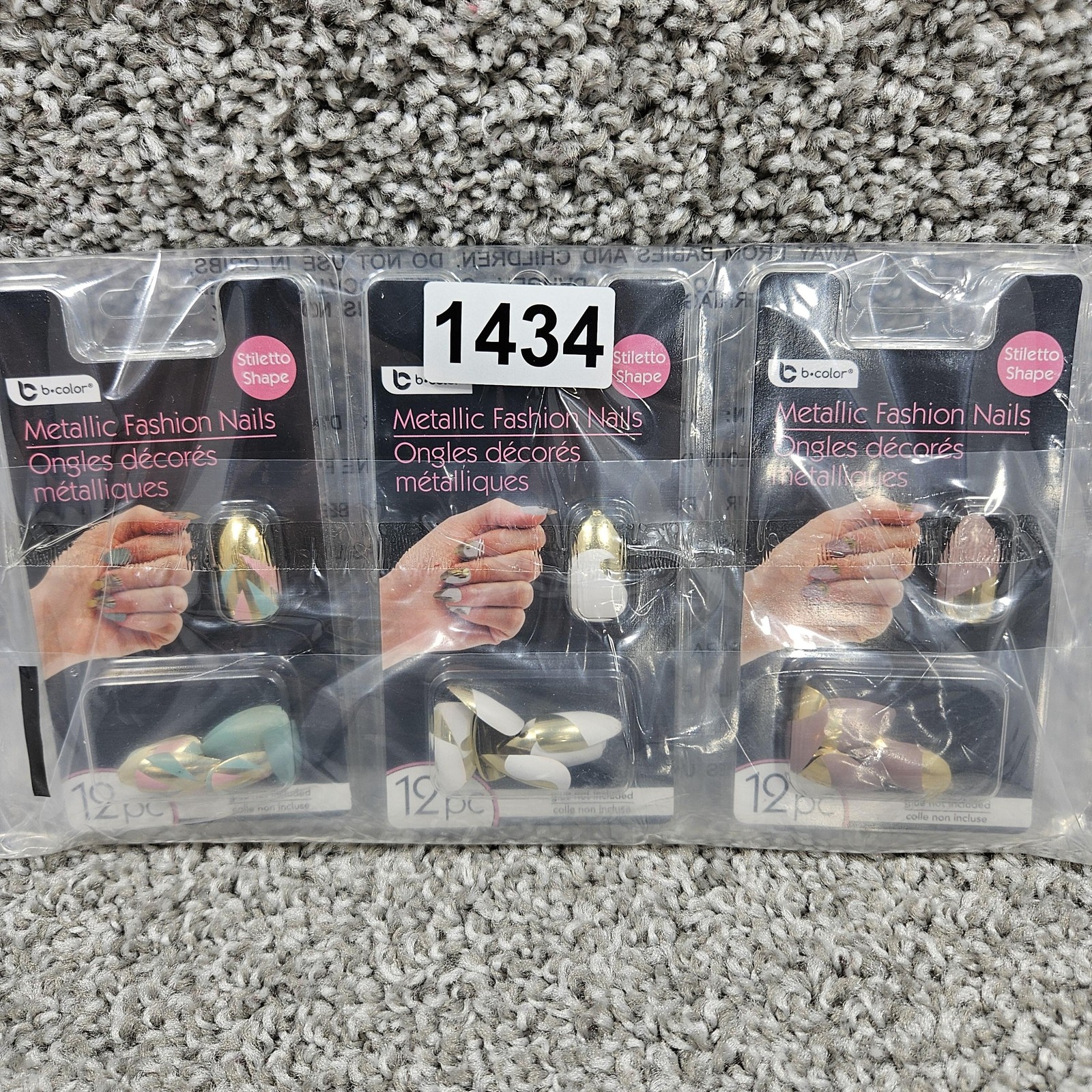 B-Color Metallic Fashion Nails Set 3 Pack Stiletto Shape 12pc Glue On Gold Tips
