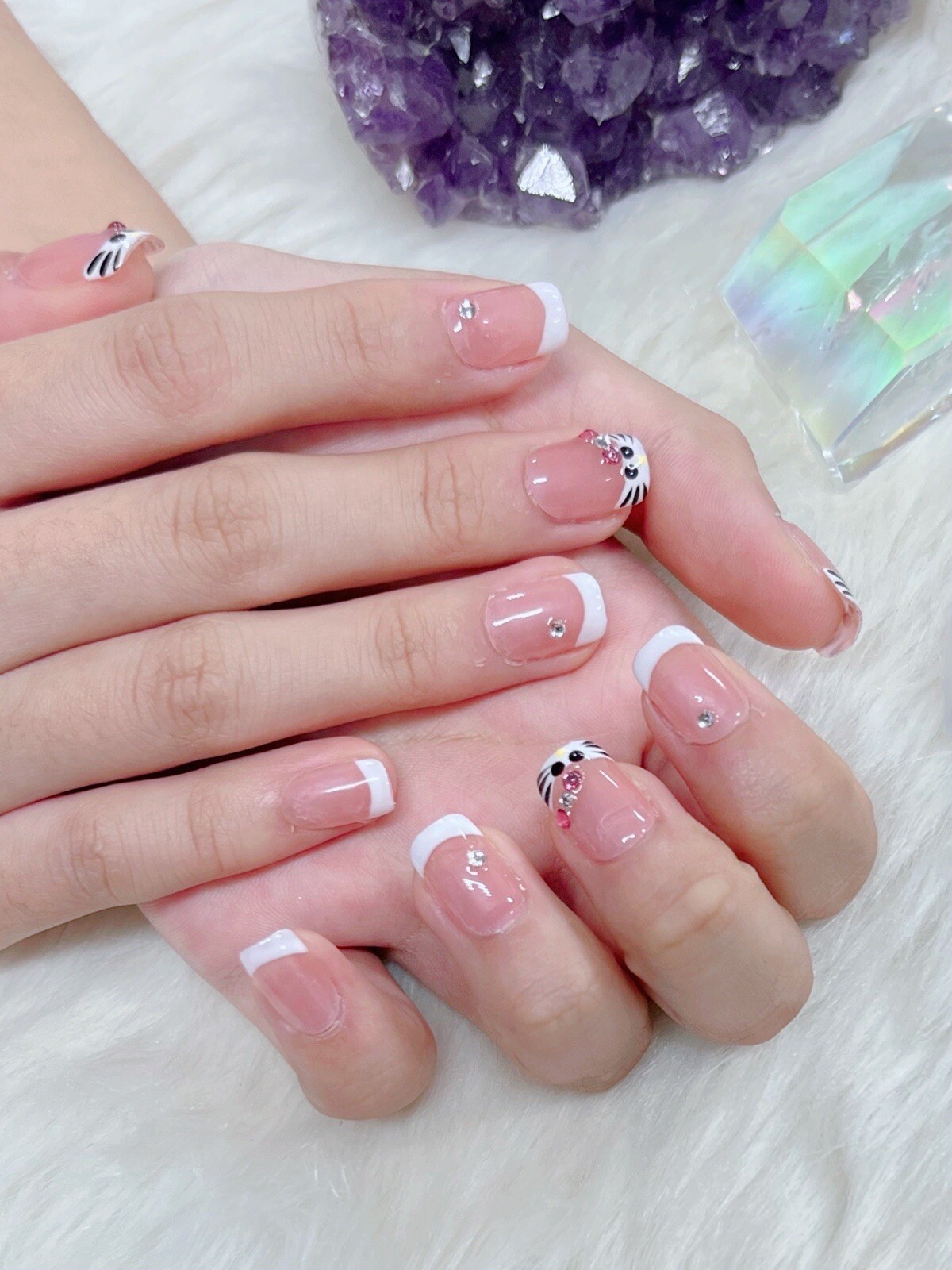 Handmade Gel Press On Nails | Short Square French Hello Kitty Simple Reusable