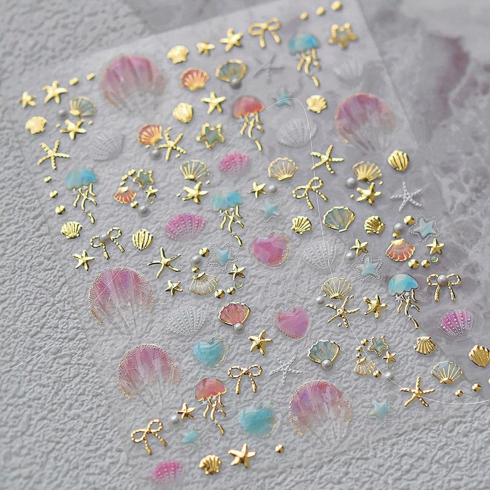 Shiny Golden Jellyfish Starfish Seashell Sea Beach Summer Nail Stickers Cute Bow