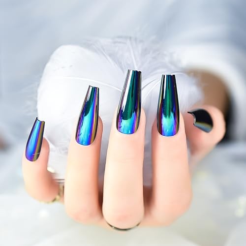Blue Chrome Press On Nails Metallic Mirror Coffin Aurora Fake Nails Extra Long