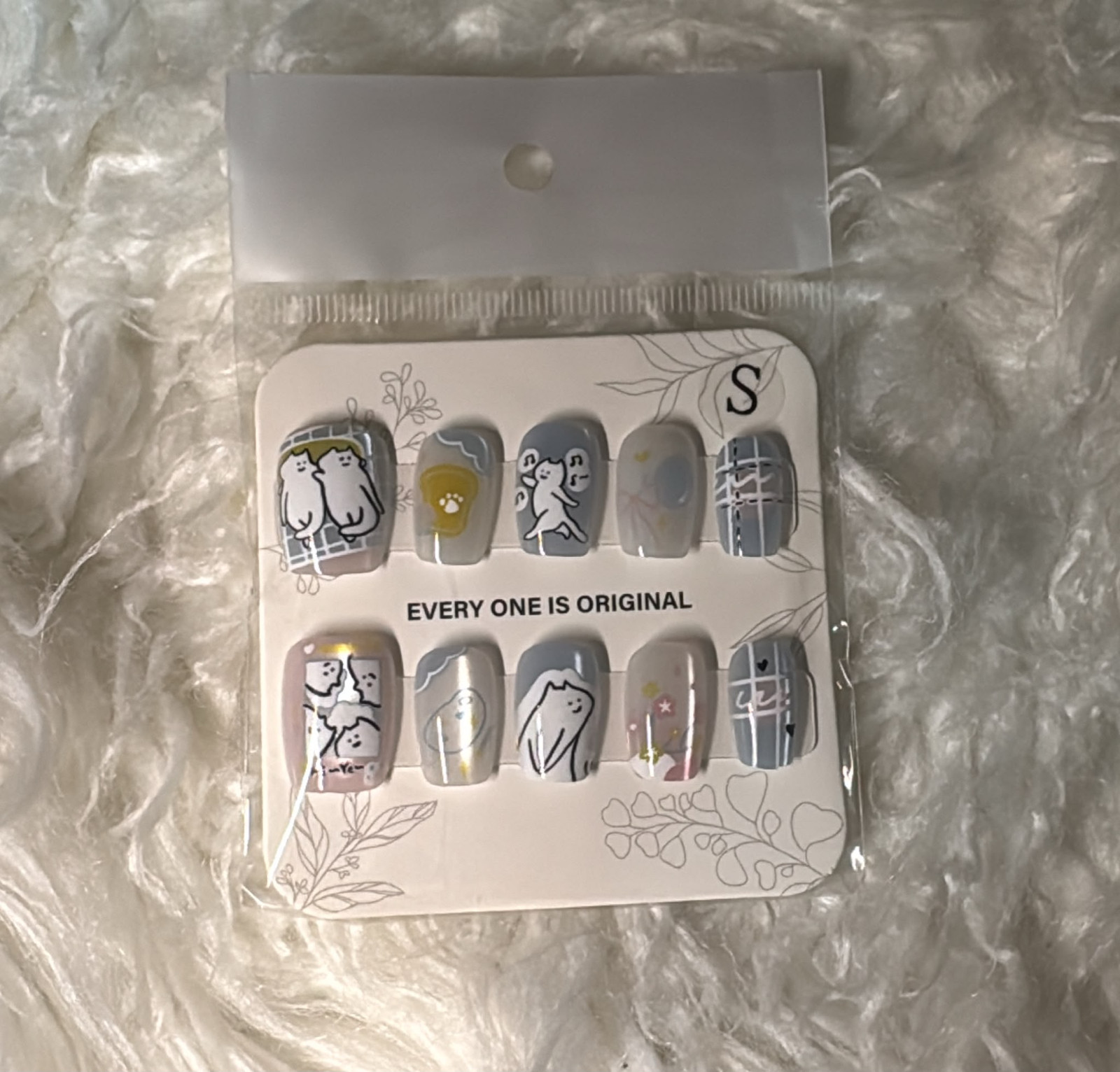 Dusty Grey Blue Cartoon Animal Press-On Nails – Glossy Full Cover – Small