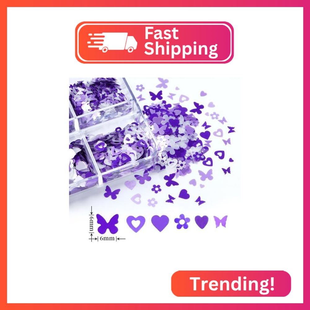 Tyuimhx 6 Grids Purple Nail Art Glitter Sequins Holographic Butterfly Heart Flow